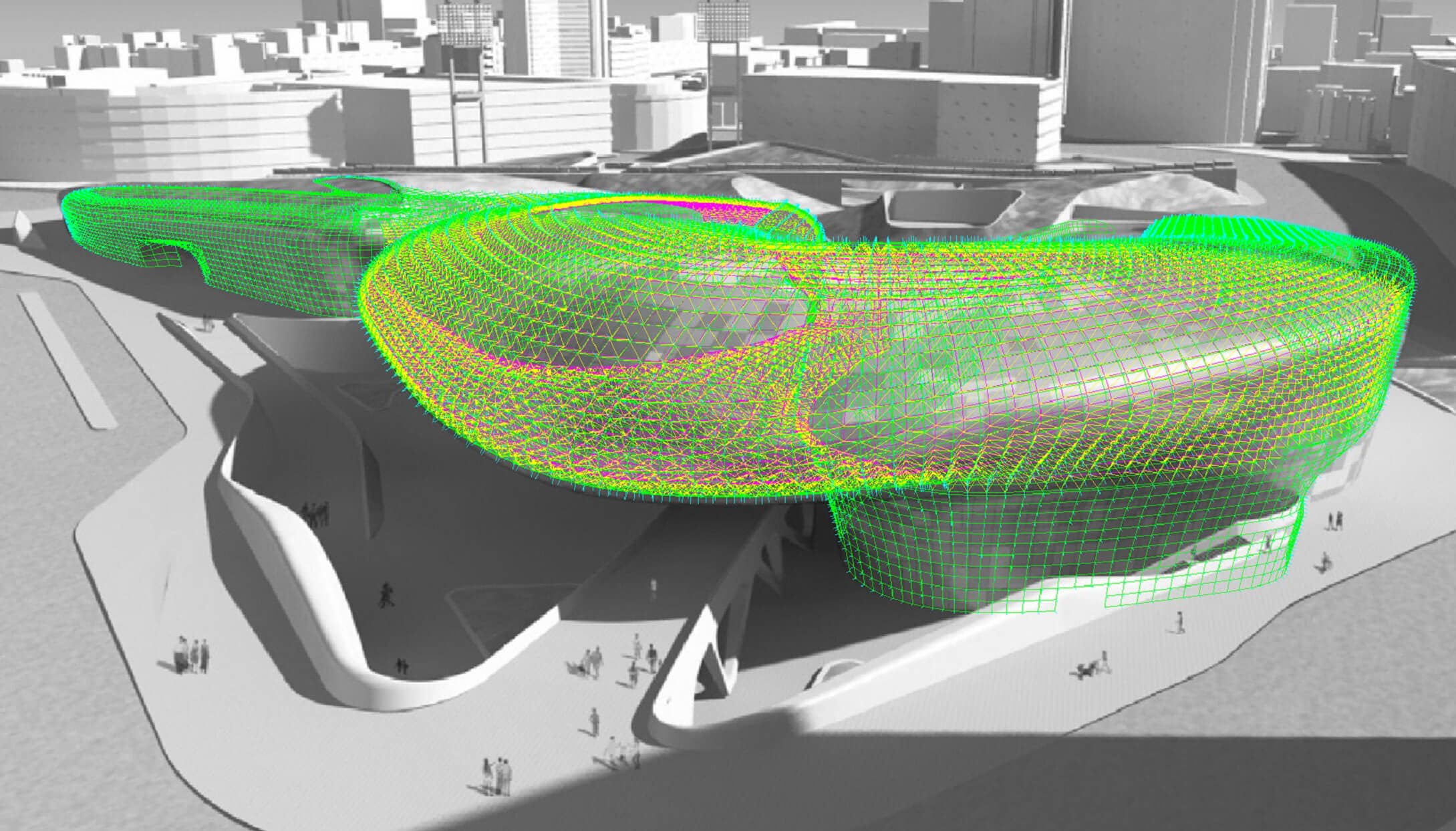 Green wireframe model of a freeform building surface over a site