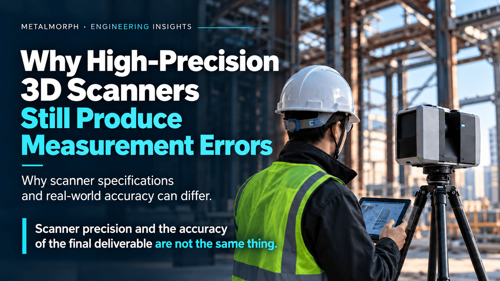 Survey engineer using a terrestrial laser scanner inside a steel-framed construction site.