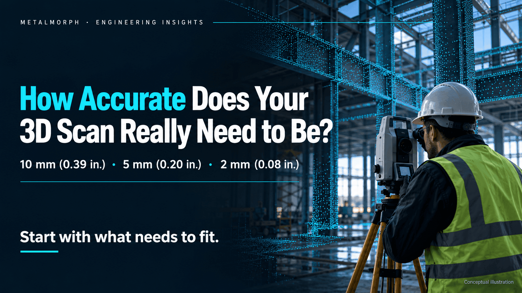 Conceptual illustration of 3D scanning accuracy targets of 10 mm, 5 mm, and 2 mm with survey equipment inside a steel building.
