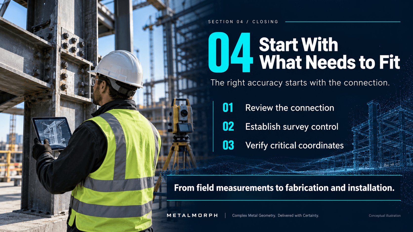 MetalMorph measurement planning approach: review the connection, establish survey control, and verify critical coordinates.